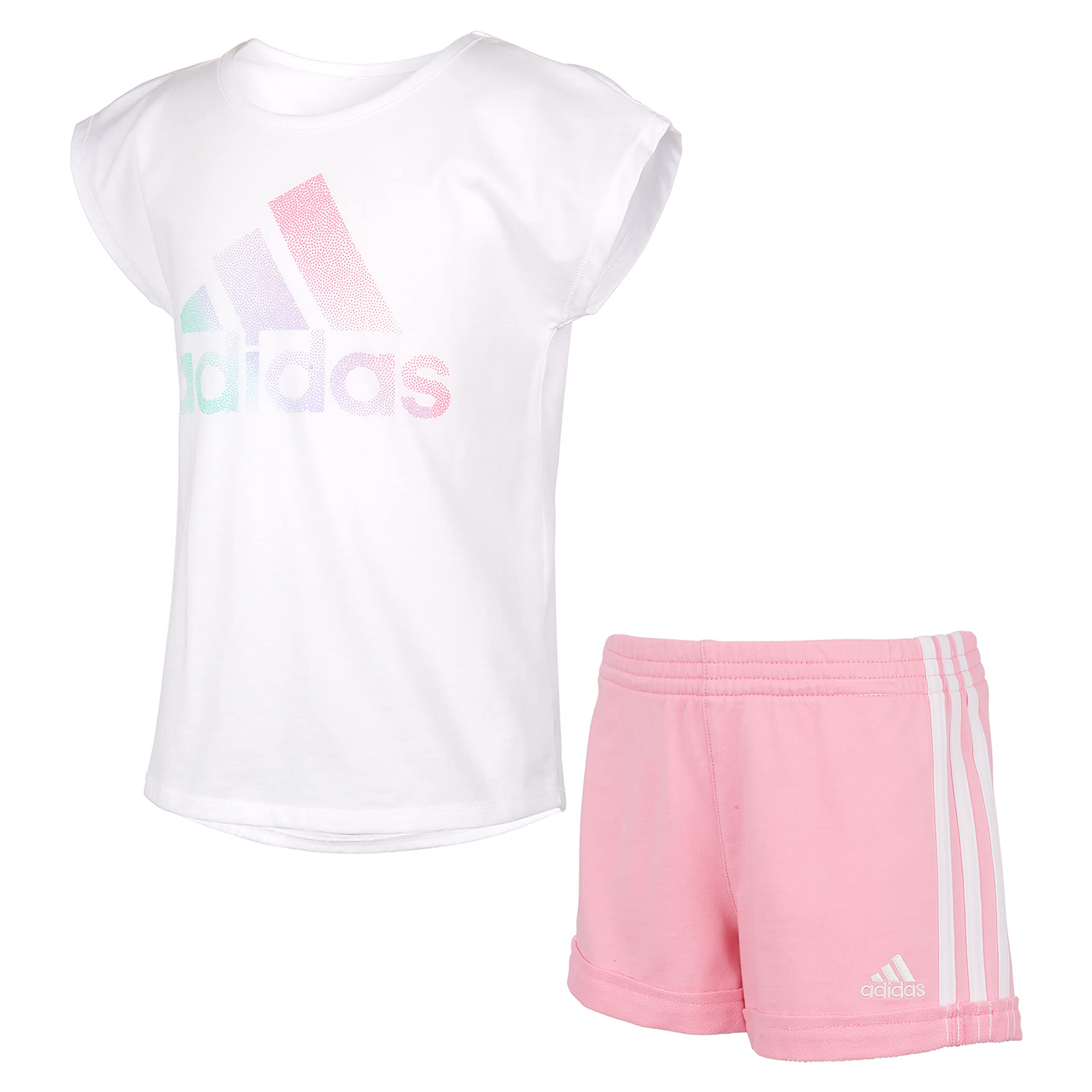 adidas Girls Sleeve Love to Dance Tee and Shorts Set, White with Light Pink, 4