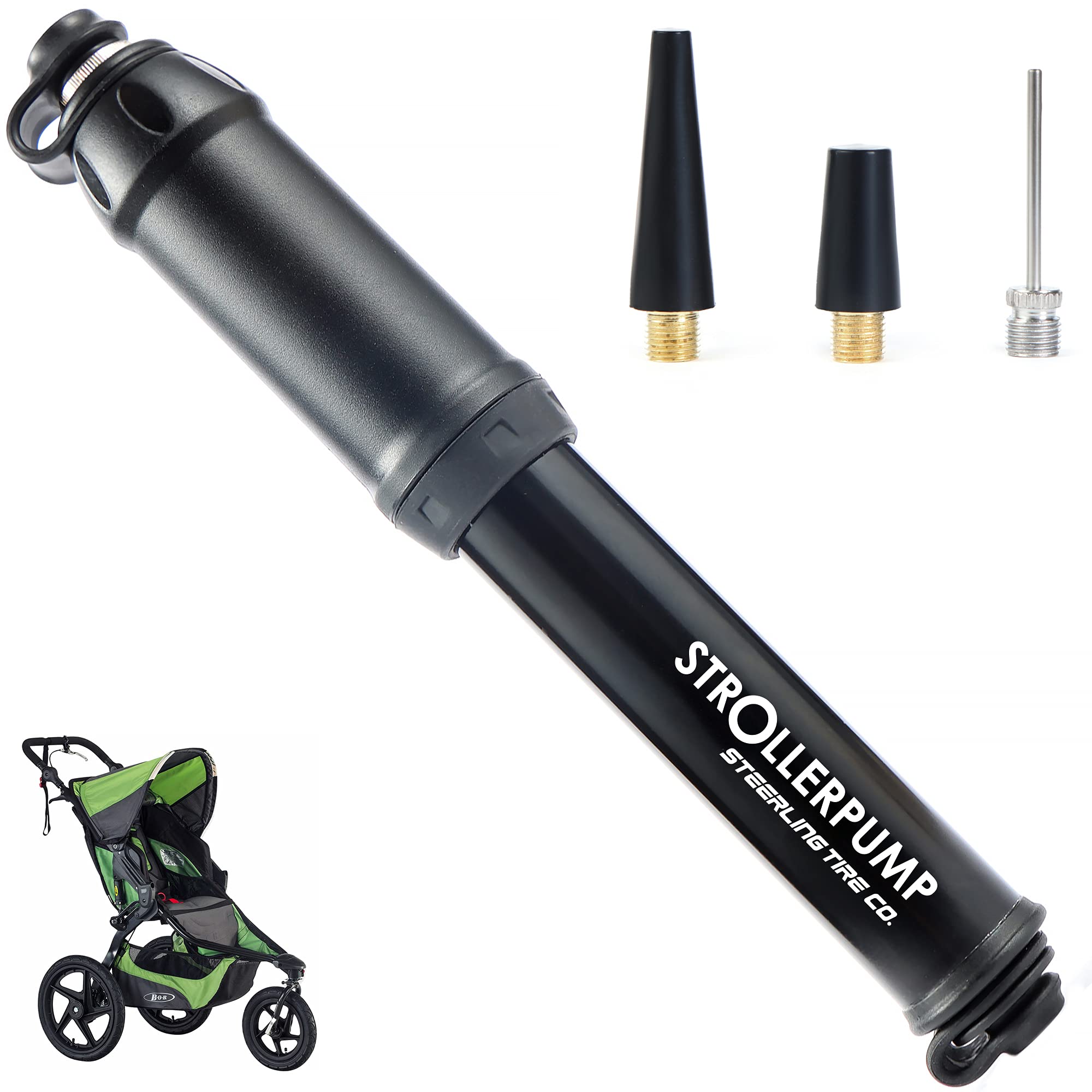 StrollerPump by Steerling Tire Co.- Portable Stroller Tire Pump Compatible with Graco, Baby Trend, BOB Stroller & More *UNCAP Stroller Pump to FIND The Bendable Hose* Valve Adaptors & Mount Included