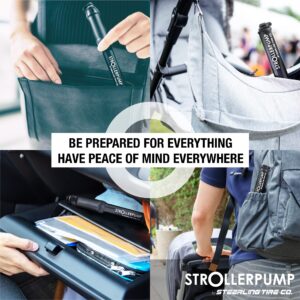 StrollerPump by Steerling Tire Co.- Portable Stroller Tire Pump Compatible with Graco, Baby Trend, BOB Stroller & More *UNCAP Stroller Pump to FIND The Bendable Hose* Valve Adaptors & Mount Included