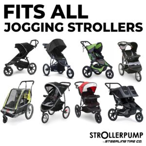 StrollerPump by Steerling Tire Co.- Portable Stroller Tire Pump Compatible with Graco, Baby Trend, BOB Stroller & More *UNCAP Stroller Pump to FIND The Bendable Hose* Valve Adaptors & Mount Included