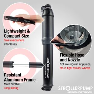 StrollerPump by Steerling Tire Co.- Portable Stroller Tire Pump Compatible with Graco, Baby Trend, BOB Stroller & More *UNCAP Stroller Pump to FIND The Bendable Hose* Valve Adaptors & Mount Included