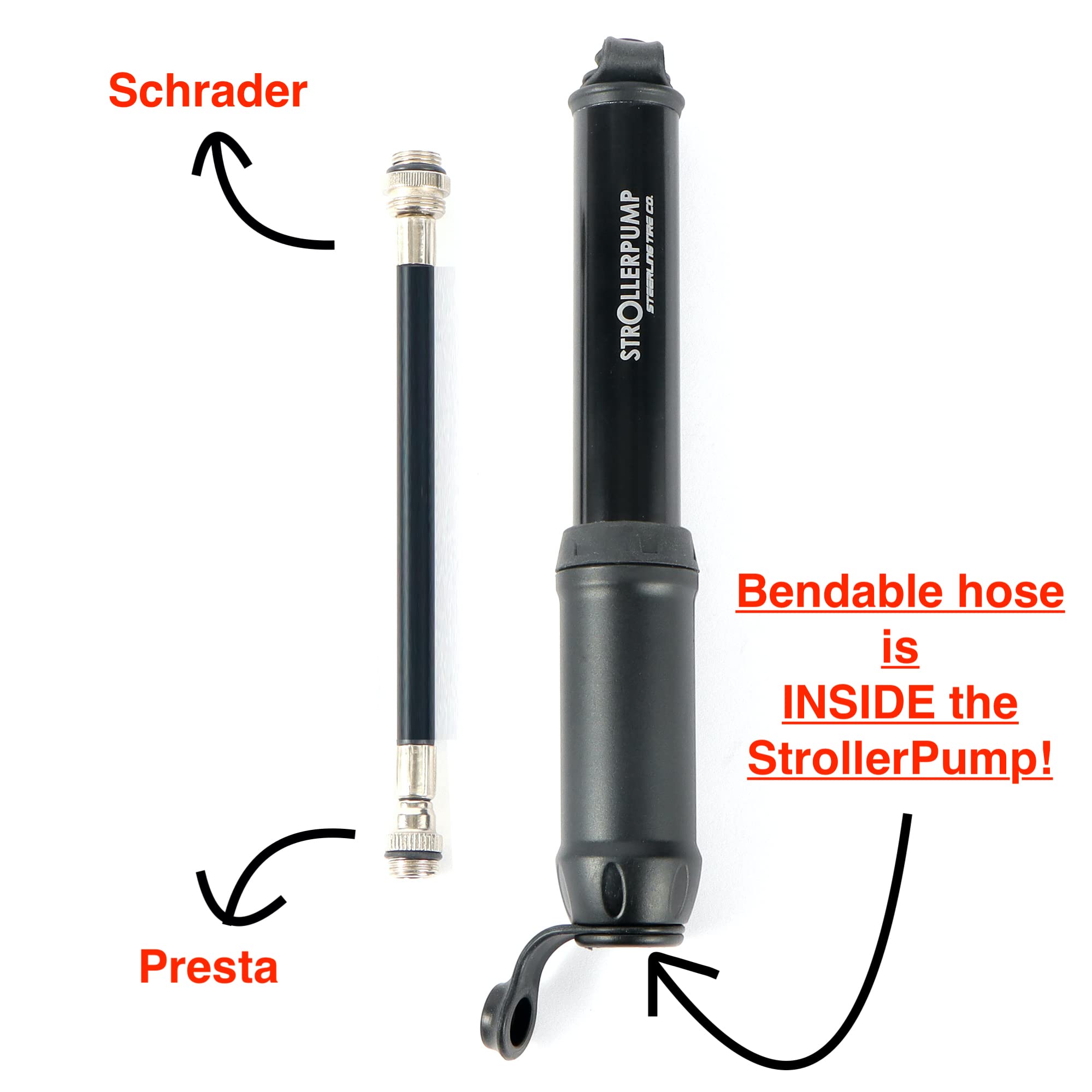 StrollerPump by Steerling Tire Co.- Portable Stroller Tire Pump Compatible with Graco, Baby Trend, BOB Stroller & More *UNCAP Stroller Pump to FIND The Bendable Hose* Valve Adaptors & Mount Included