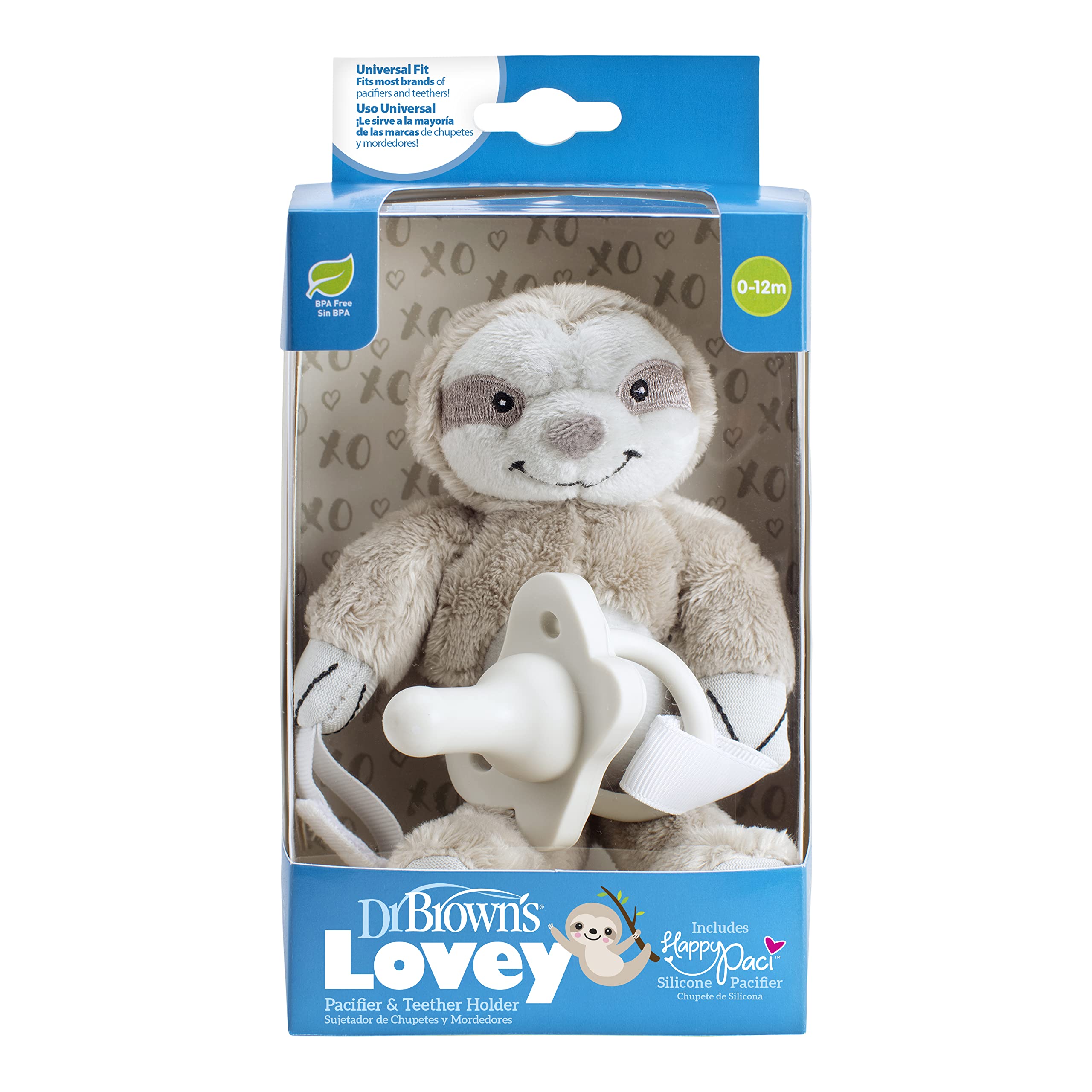 Dr. Brown's Baby Lovey Pacifier and Teether Holder, Sloth with Gray HappyPaci, 100% Silicone, 0-6m