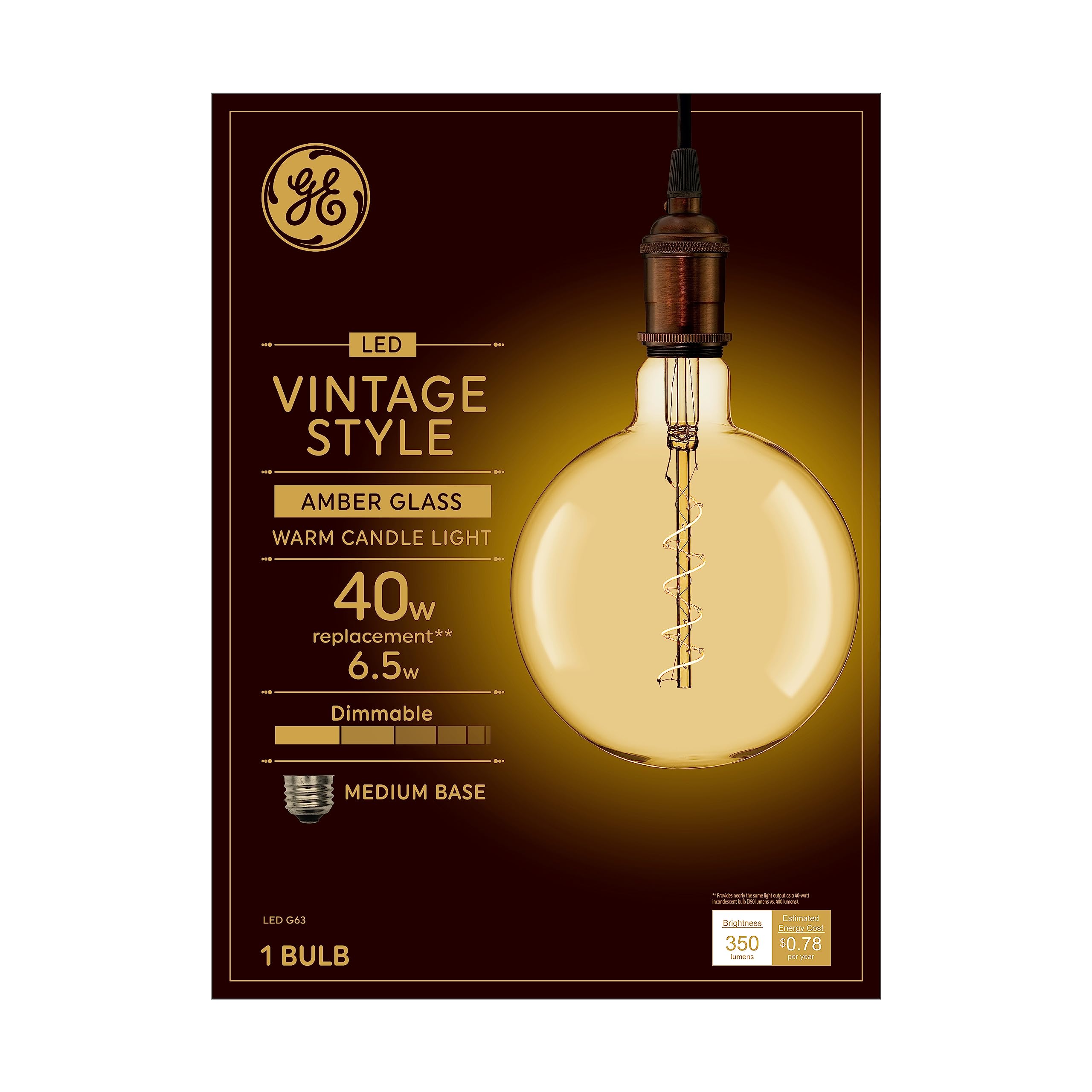 GE Vintage Style LED Light Bulb, 40 Watt, Amber Finish, G63 Large Globe Bulb (1 Pack)