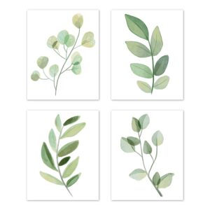 sweet jojo designs floral leaf wall art prints room decor for baby, nursery, and kids - set of 4 - green and white boho watercolor botanical woodland tropical garden single flower