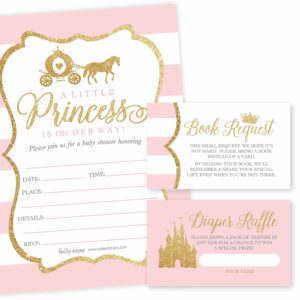 25 little princess baby shower invitations, 25 books for baby shower request cards, 25 baby shower diaper raffle tickets for baby shower girl, cute pink & gold write in diaper raffle cards