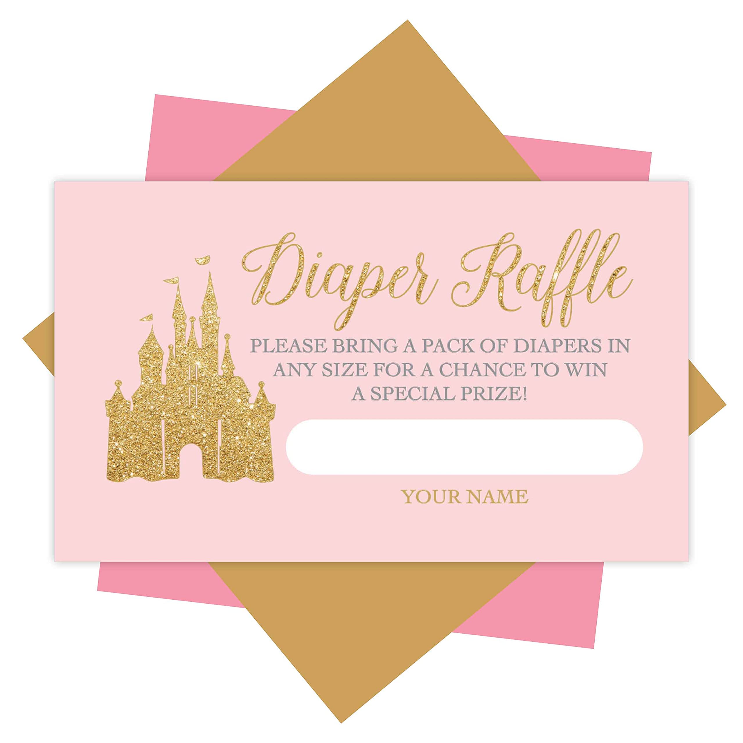 25 Little Princess Baby Shower Invitations, 25 Books For Baby Shower Request Cards, 25 Baby Shower Diaper Raffle Tickets For Baby Shower Girl, Cute Pink & Gold Write in Diaper Raffle Cards