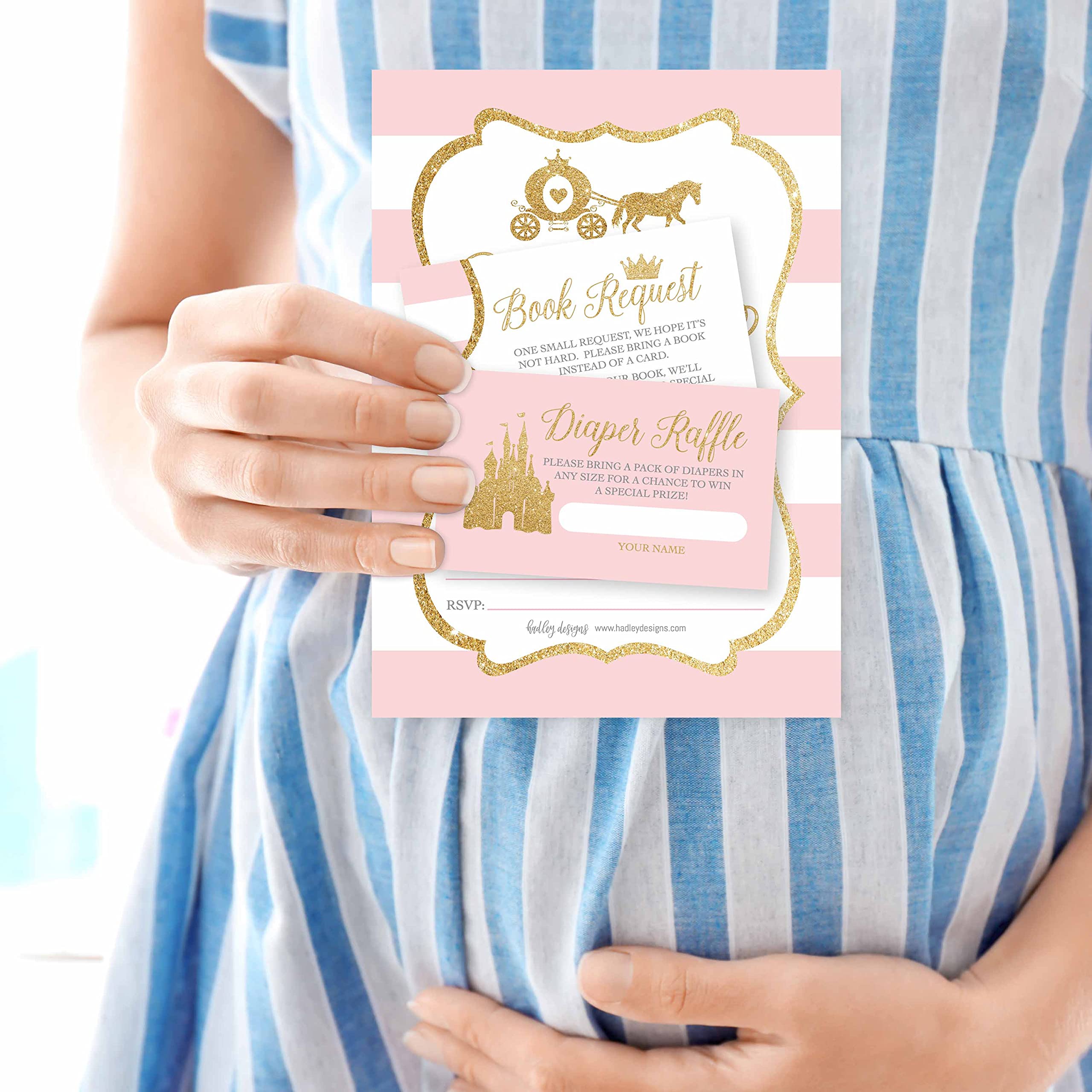 25 Little Princess Baby Shower Invitations, 25 Books For Baby Shower Request Cards, 25 Baby Shower Diaper Raffle Tickets For Baby Shower Girl, Cute Pink & Gold Write in Diaper Raffle Cards