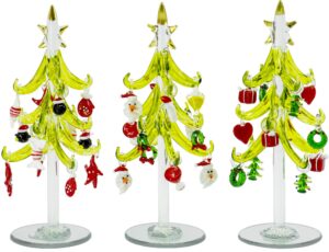 red co. 8" glass christmas tree tabletop display decoration with assorted glass ornaments, holiday season decor, set of 3