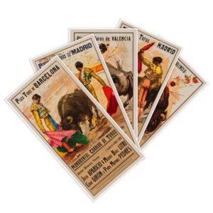 set of five (5) spanish bullfight advertisements | la corrida de toros | barcelona, madrid and valencia spain travel posters circa 1940 | art print vintage wall decor | 8 x 16 inches (203 x 406 mm)