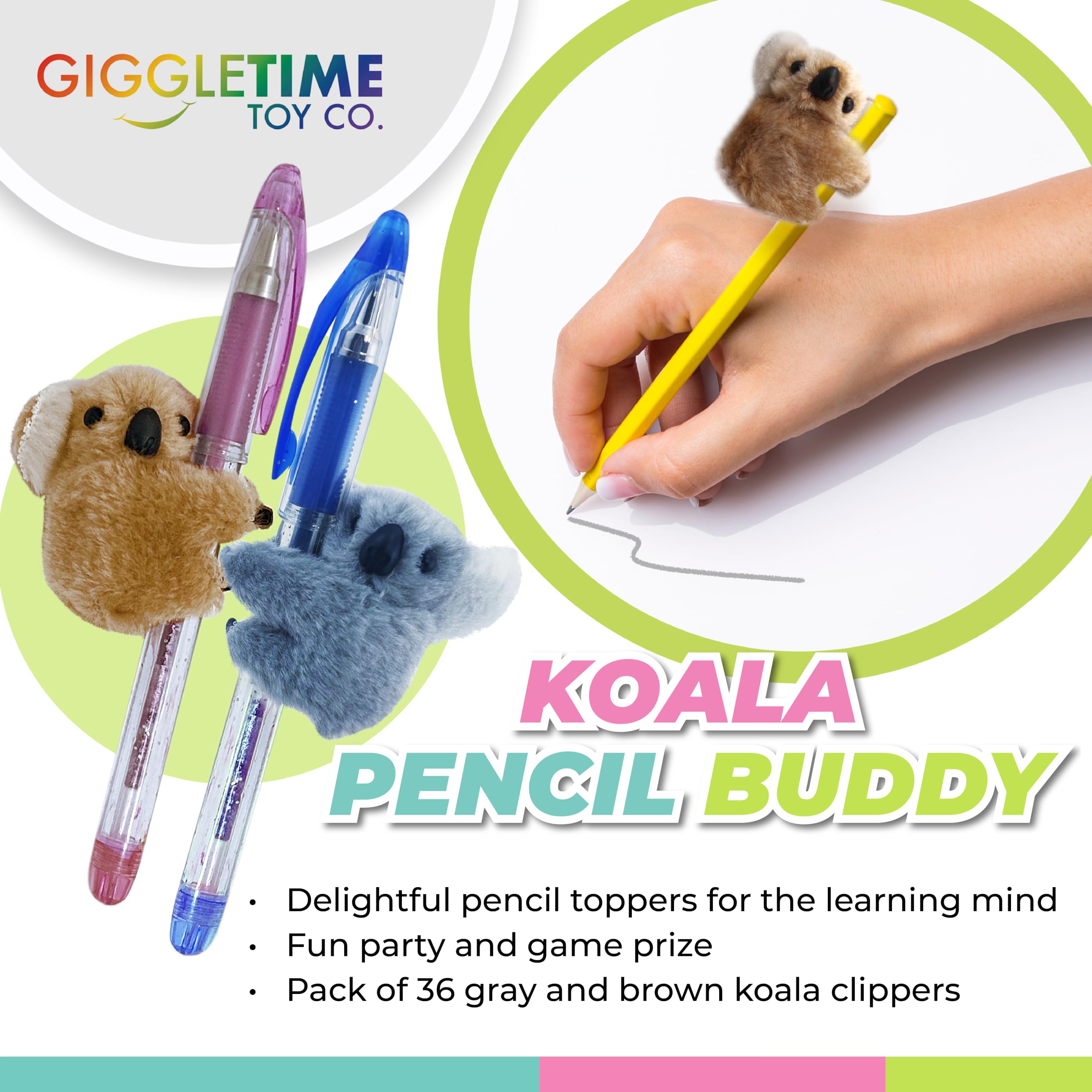 Giggle Time Koala Pencil Buddy (36) Pieces - Koala Stuffed Animal Pencil Toppers, Pencil Clip On, Koala Bear Prizes for Students, Kids’ Party Favor, Piñata Stuffer - 2 inches