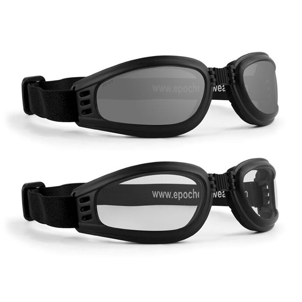 2 Pairs Epoch Padded Folding Motorcycle Riding Goggles Black Frame Clear and Smoke Lenses