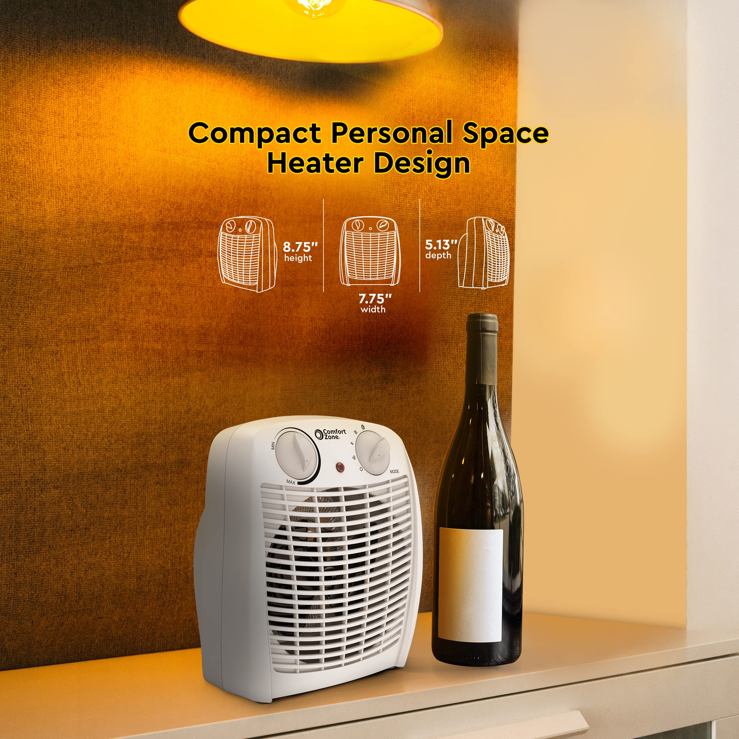 Comfort Zone Indoor Space Heater with Adjustable Thermostat, Fan Forced, Electric, Overheat Protection, Safety Tip-Over Switch, Energy Efficient, Ideal for Home, Bedroom, & Office, 1,500W, CZ45E