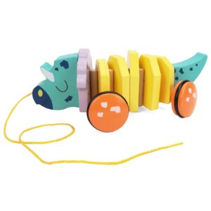 leo & friends pull along walking triceratops wooden toy for boys and girls