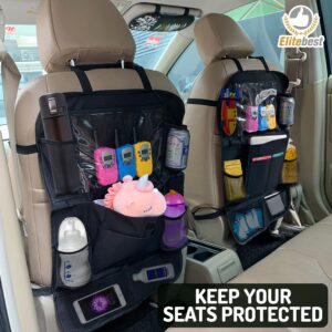 Backseat Car Organizer 1 Pack by Elitebest – 1Car Seat Organizer and Kick Mats for Road Trips – Car Backseat Organizer for Kids with USB Headphone Slits and Storage Pockets for Organization