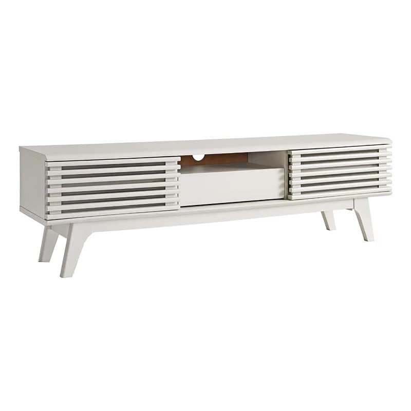 Levan Home Mid Century Modern Low Profile 59" Retro TV Stand with Slatted Shelves in White