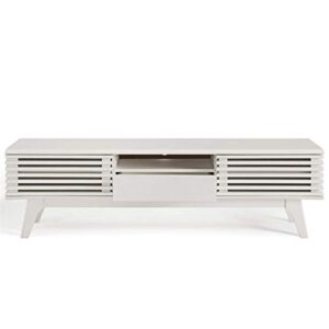 Levan Home Mid Century Modern Low Profile 59" Retro TV Stand with Slatted Shelves in White