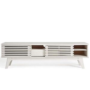 Levan Home Mid Century Modern Low Profile 59" Retro TV Stand with Slatted Shelves in White