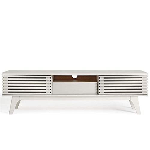 Levan Home Mid Century Modern Low Profile 59" Retro TV Stand with Slatted Shelves in White