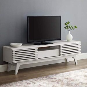 Levan Home Mid Century Modern Low Profile 59" Retro TV Stand with Slatted Shelves in White