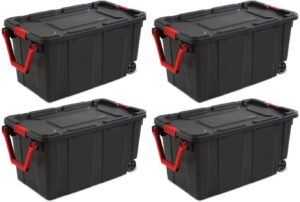 sterilite 14699002 40 gallon/151 liter wheeled industrial tote, black lid & base w/racer red handle & latches, 4 pack(40 gallon)