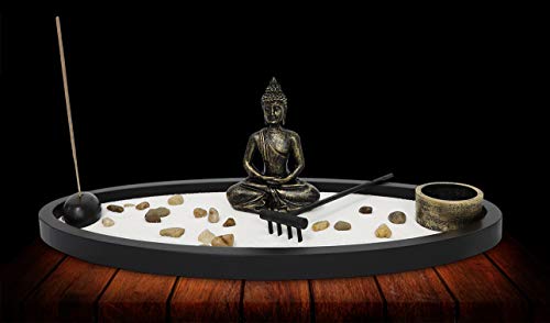 Japanese Zen Garden Kit Home Decor - Buddha Incense Stick Holder Office Desk Accessories - Zen Garden Sand Corner Desk Office Decor - Buddha Statue Table Top - 13.5" x 6.25" x 5"