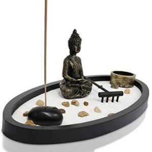 Japanese Zen Garden Kit Home Decor - Buddha Incense Stick Holder Office Desk Accessories - Zen Garden Sand Corner Desk Office Decor - Buddha Statue Table Top - 13.5" x 6.25" x 5"