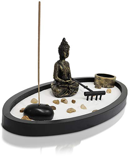 Japanese Zen Garden Kit Home Decor - Buddha Incense Stick Holder Office Desk Accessories - Zen Garden Sand Corner Desk Office Decor - Buddha Statue Table Top - 13.5" x 6.25" x 5"