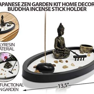 Japanese Zen Garden Kit Home Decor - Buddha Incense Stick Holder Office Desk Accessories - Zen Garden Sand Corner Desk Office Decor - Buddha Statue Table Top - 13.5" x 6.25" x 5"