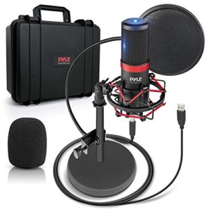 pyle usb microphone podcast recording kit - audio cardioid condenser mic w/shock mount stand & pop filter, for gaming ps4, streaming, podcasting, studio, youtube, works w/windows pc mac pdmikt200