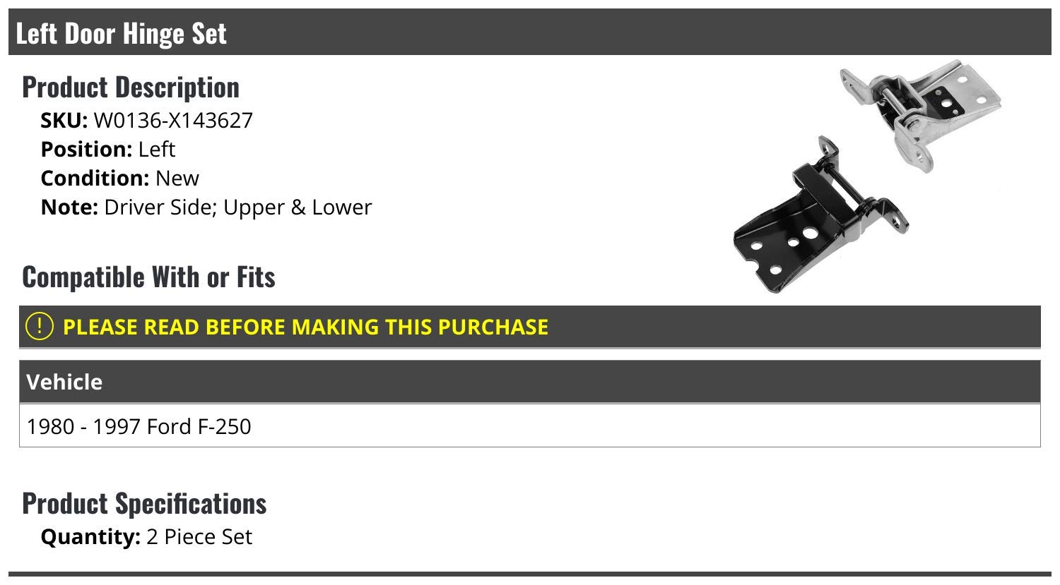 Marketplace Auto Parts Left Driver Side Upper and Lower Door Hinge 2 Piece Set - Compatible with 1980-1997 Ford F-250