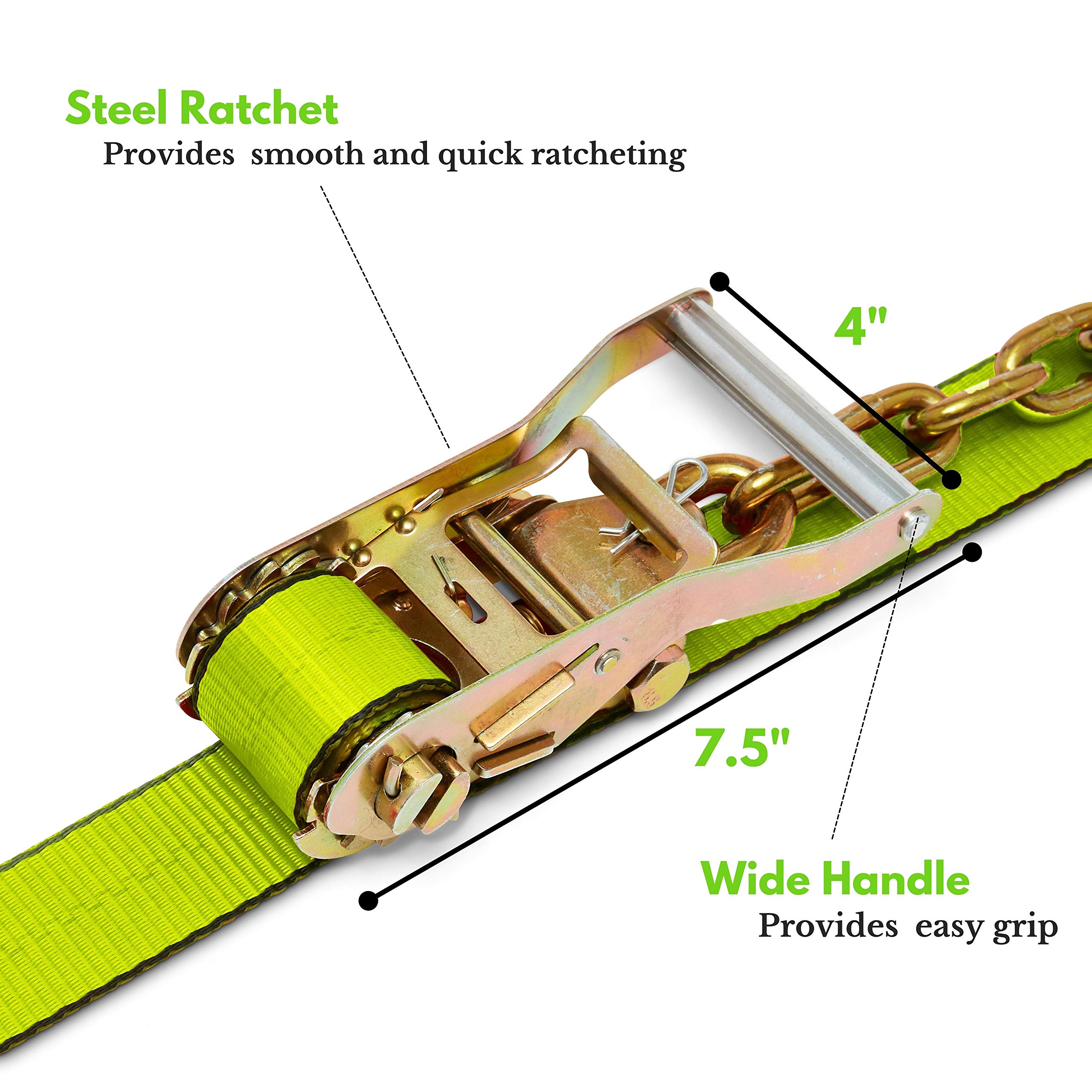 RYTASH Green Car Tie Down Straps with Chain Anchors - 4 Pack of Car Hauling Straps - 2 inch x 96 inch Lasso Tire Strap - Tire Tie Down Straps for Car, Truck, Trailer, UTV - 10,000 Pound Break Strength