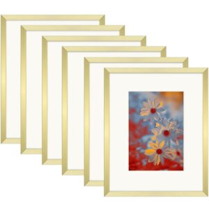 Golden State Art, Gold 8x10 Picture Frame Aluminum Displays Photos 5x7 with Mat or 8 x 10 inch Without Mat Shatter-Resistant Glass Table Top Display and Wall Mounting Photo Frame (6 Pack)