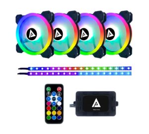 apevia tl42-rgb twilight 120mm silent dual-ring rgb color changing led fan with remote control, 28x leds & 8x anti-vibration rubber pads w/ 2 magnetic led strips (4+2-pk)
