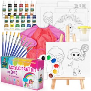 keff paint set for kids, art for kids - paint kit with non toxic washable acrylic paint for kids - kids painting set with pre-drawn canvas boards, easel, brushes, kids paint, palette & smock for girls