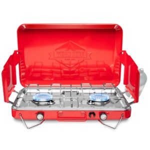 hike crew gas camping stove | 20,000 btu portable propane 2 burner stovetop | integrated igniter & stainless steel drip tray | built-in carrying handle, foldable legs, wind panels | includes regulator