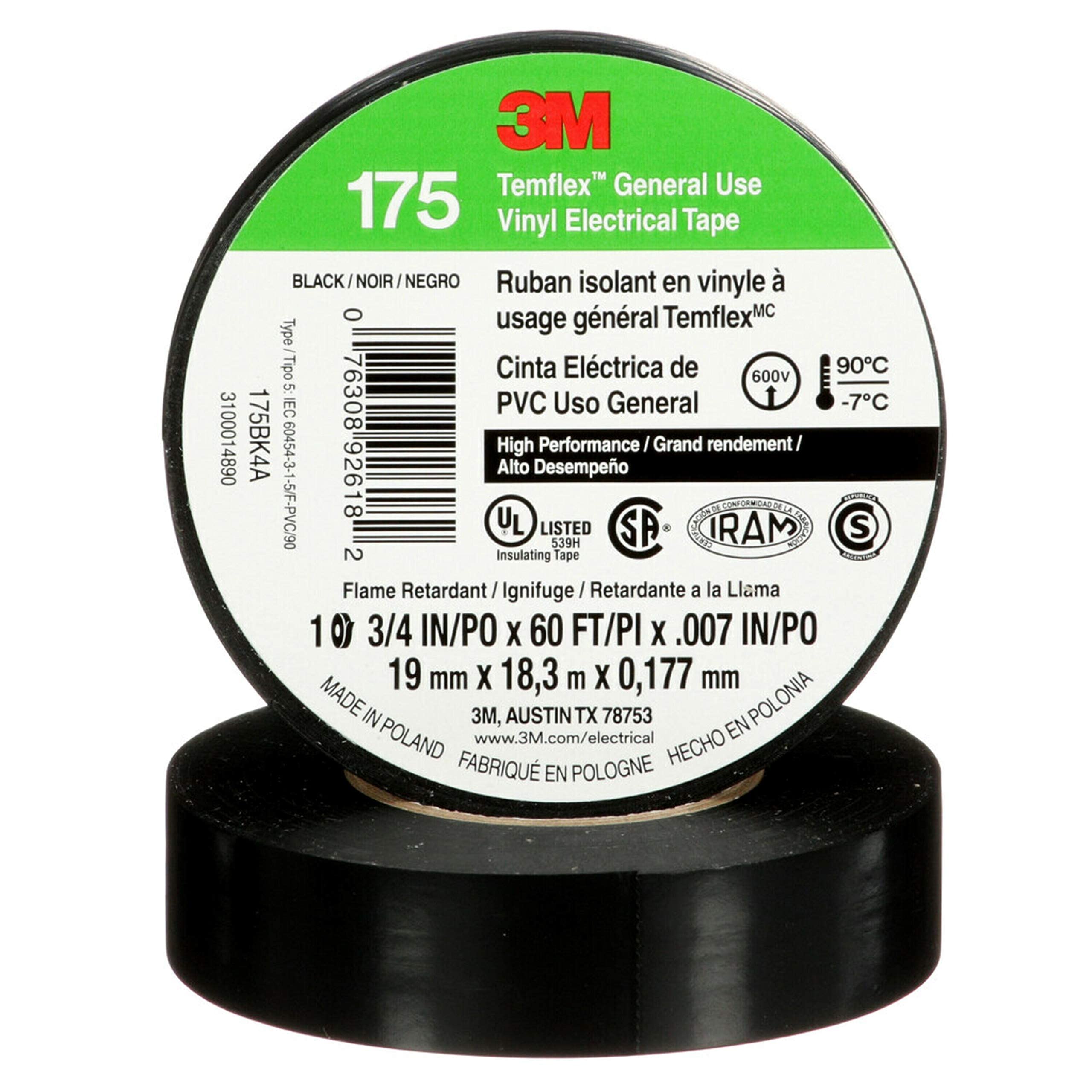 3M Temflex Vinyl Electrical Tape 175, Flame Retardant, Pressure-Sensitive Adhesive, Electrical and Mechanical Protection, Black, 7 mil, 3/4 in x 60 ft, 10 Rolls