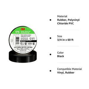 3M Temflex Vinyl Electrical Tape 175, Flame Retardant, Pressure-Sensitive Adhesive, Electrical and Mechanical Protection, Black, 7 mil, 3/4 in x 60 ft, 10 Rolls