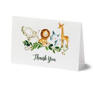 25 safari thank you cards with envelopes (thick card stock) baby shower, jungle greenery large size 4x6 zoo animal giraffe lion elephant gratitude for party, girl boy children birthday stationery