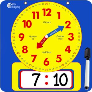 large dry erase magnetic teaching demonstration clock, kids telling time learning clock for analog and digital time, labelled minute & hour hands, for school classrooms & homeschool supplies