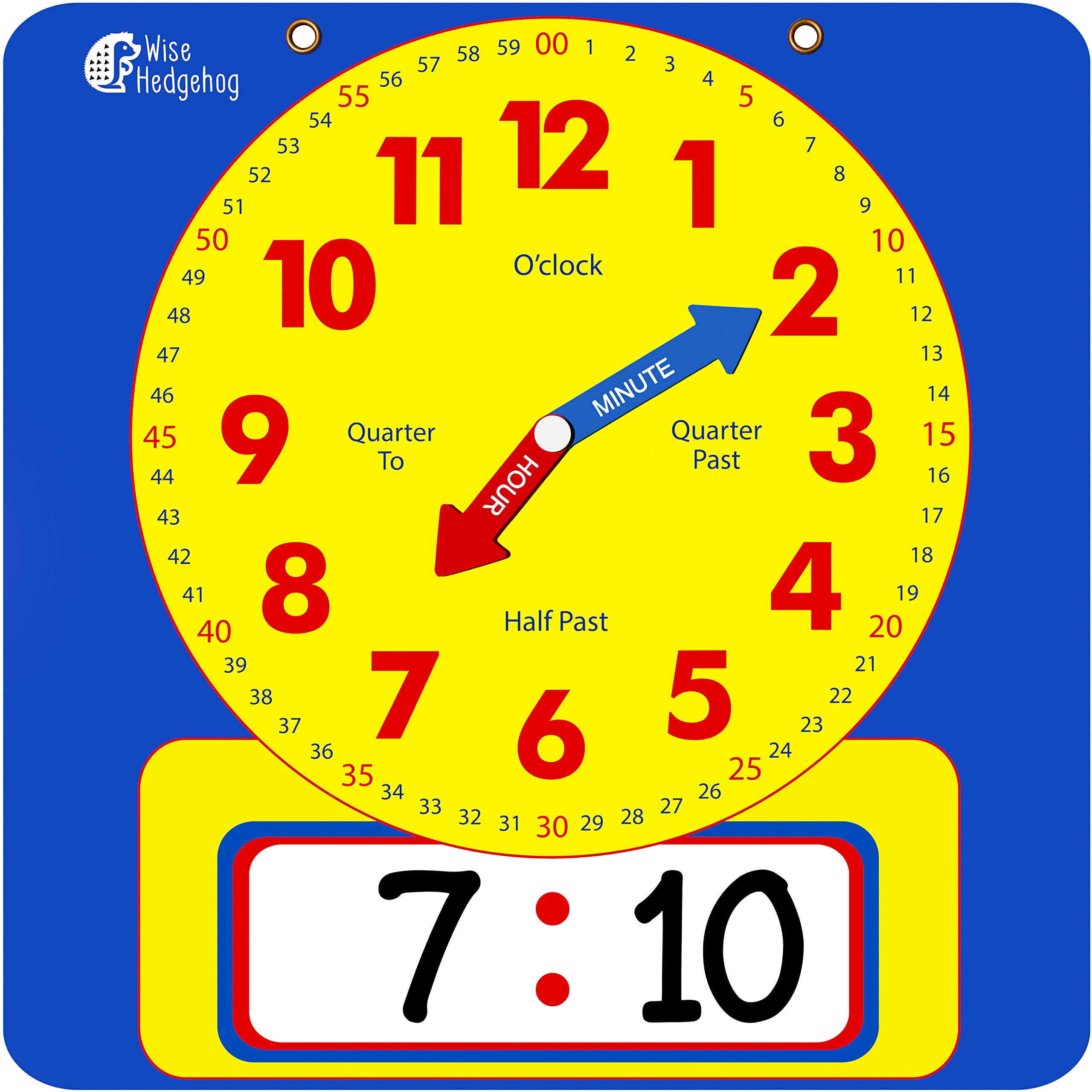 Large Dry Erase Magnetic Teaching Demonstration Clock, Kids Telling Time Learning Clock for Analog and Digital Time, Labelled Minute & Hour Hands, for School Classrooms & Homeschool Supplies