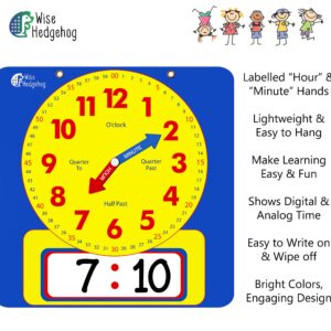 Large Dry Erase Magnetic Teaching Demonstration Clock, Kids Telling Time Learning Clock for Analog and Digital Time, Labelled Minute & Hour Hands, for School Classrooms & Homeschool Supplies