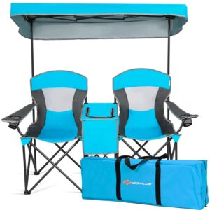 goplus double beach chair with canopy shade, folding lawn camping chairs with sunshade & mini table beverage holder & carrying bag for outdoor travel hiking fishing poolside (blue)