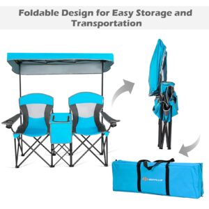 Goplus Double Beach Chair with Canopy Shade, Folding Lawn Camping Chairs with Sunshade & Mini Table Beverage Holder & Carrying Bag for Outdoor Travel Hiking Fishing Poolside (Blue)