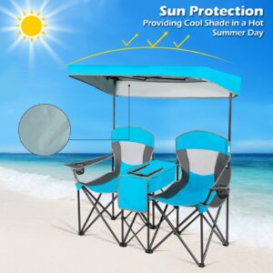 Goplus Double Beach Chair with Canopy Shade, Folding Lawn Camping Chairs with Sunshade & Mini Table Beverage Holder & Carrying Bag for Outdoor Travel Hiking Fishing Poolside (Blue)