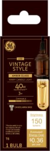 ge vintage style led tube light bulb, 3 watts (40 watt equivalent) warm candle light, amber glass, candelabra base, dimmable (4 pack)