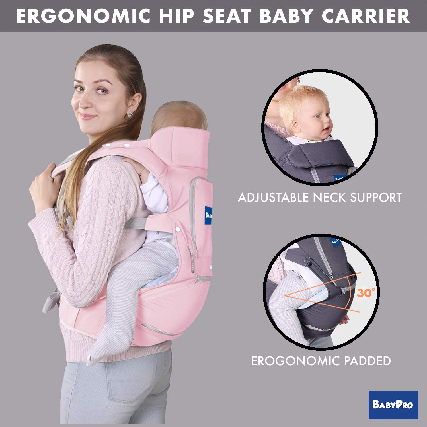 BabyPro Ergonomic Baby Carrier with Hip Seat, 6 in 1 All Season Baby Sling for Newborns Infants Toddlers, Hands Free Baby Wrap Front and Backpack for Traveling, Hiking and Breastfeeding (Pink)