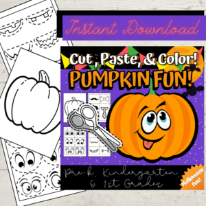 halloween pumpkin fun! cut, paste, and color scissor skills activity for preschool, kindergarten, and first grades
