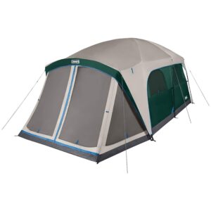 coleman skylodge 12-person camping tent with screened porch, weatherproof family tent includes color-coded poles, screened-in porch, sturdy rainfly, and fits 4 queen-sized airbeds