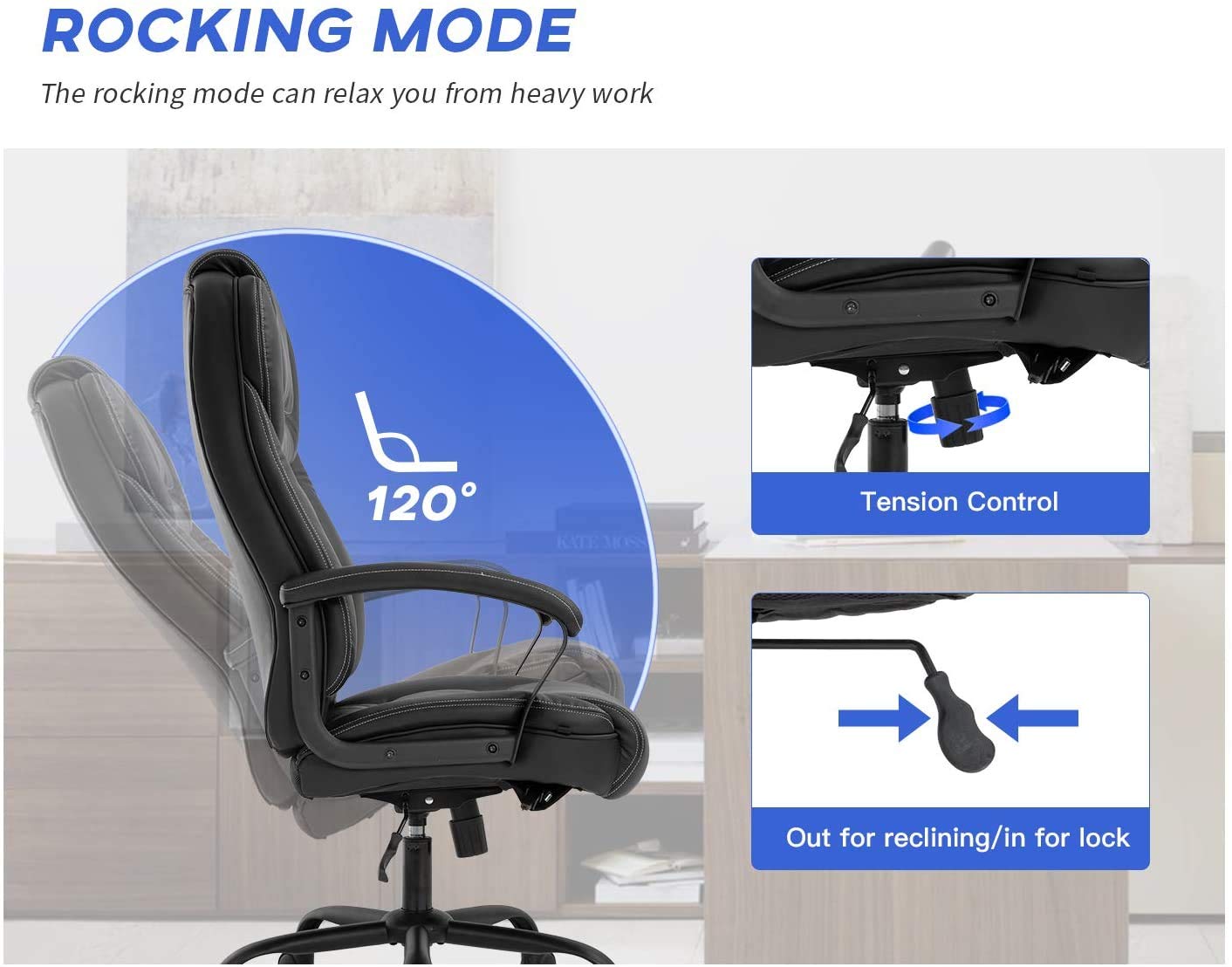 Big & Tall Home Office Chair Desk Chair Executive Chair 500LBS Ergonomic High Back Leather Computer Chair with Lumbar Support Headrest Massasge Height Adjustable Swivel Task Chair for Adult Women Men